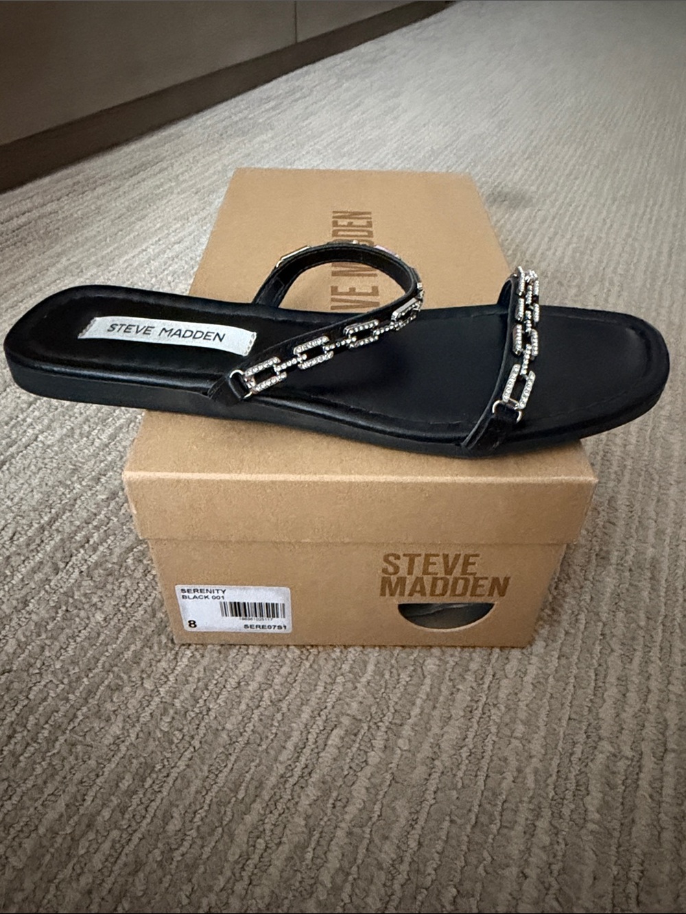 Steve Madden Black Rhinestone Chain Slip-On Sandal